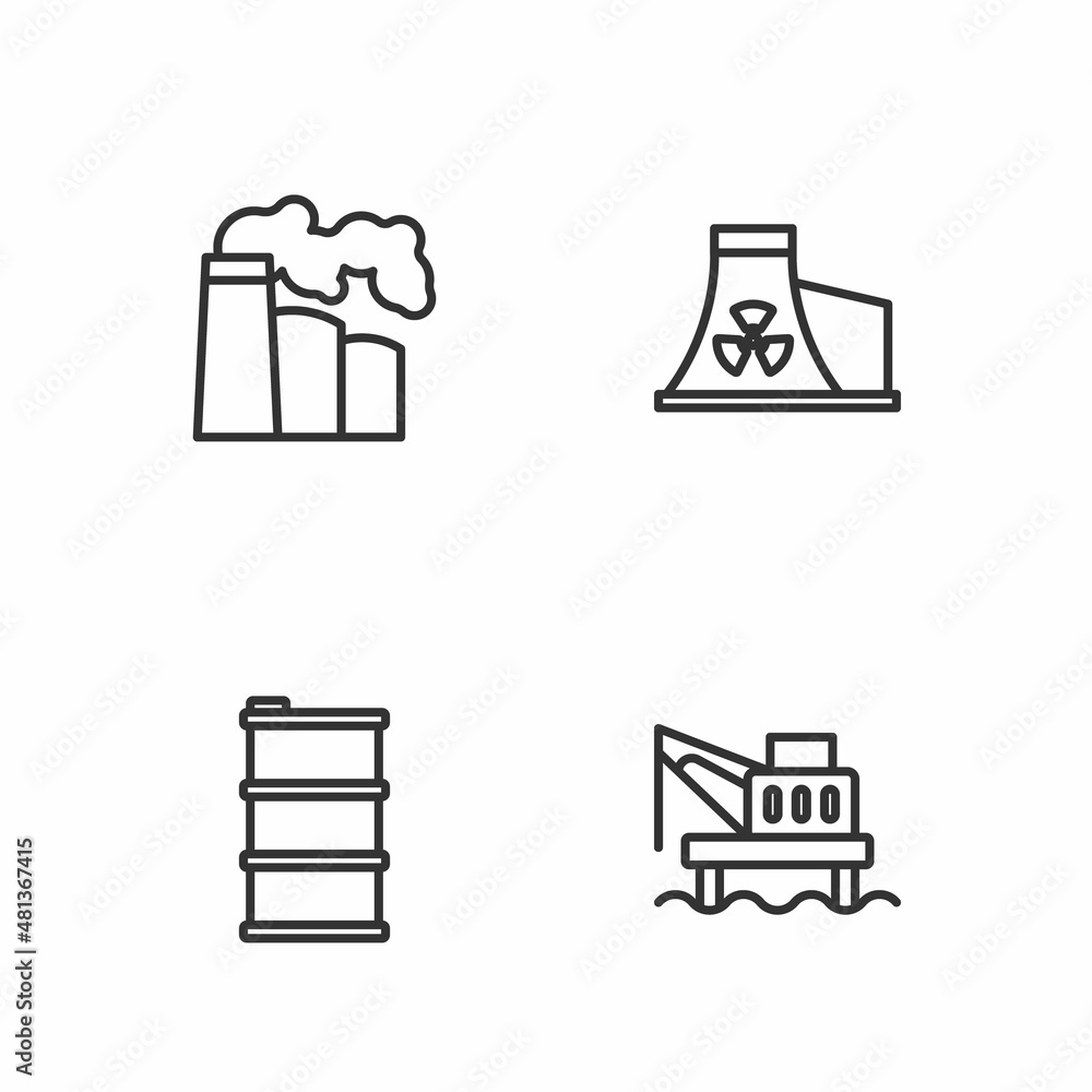 Set line Oil platform in the sea, Barrel oil, and gas industrial factory and Nuclear power plant icon. Vector Set line Oil platform in the sea, Barrel oil, and gas industrial factory and Nuclear power plant icon. Vector