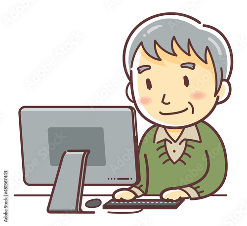 パソコンをするシニアの男性のイラスト（ほほえみ）