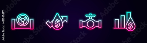 Set line Oil pipe with valve, price increase, and Pie chart and dollar. Glowing neon icon. Vector
