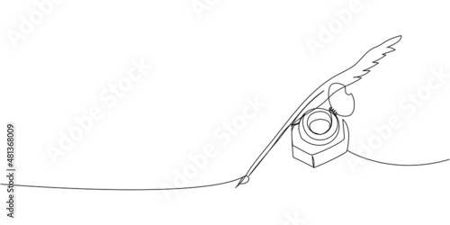 Retro inkwell and feather continuous line drawing. One line art of love letter, antique, romance, classic, write, calligraphy.