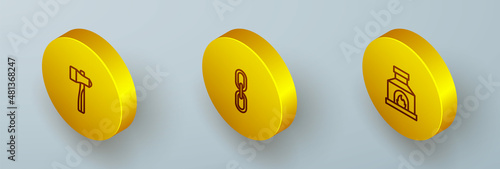 Set Isometric line Hammer, Chain link and Blacksmith oven icon. Vector