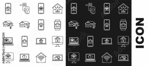 Set line Laptop with smart house and alarm, Computer monitor light bulb, Smart watch under protection, Mobile phone home wi-fi, House temperature, and icon. Vector