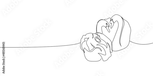 Two swans hugging continuous line drawing. One line art of time of love, couple, heart, hugging, birds, family, relationship, lovers, symbolism.