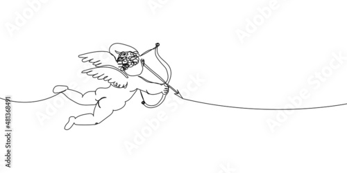Cupid shoots arrows continuous line drawing. One line art of love, relationship, lovers, wings, fly, feelings, angel, cupid, protector of lovers, symbolism, valentine.