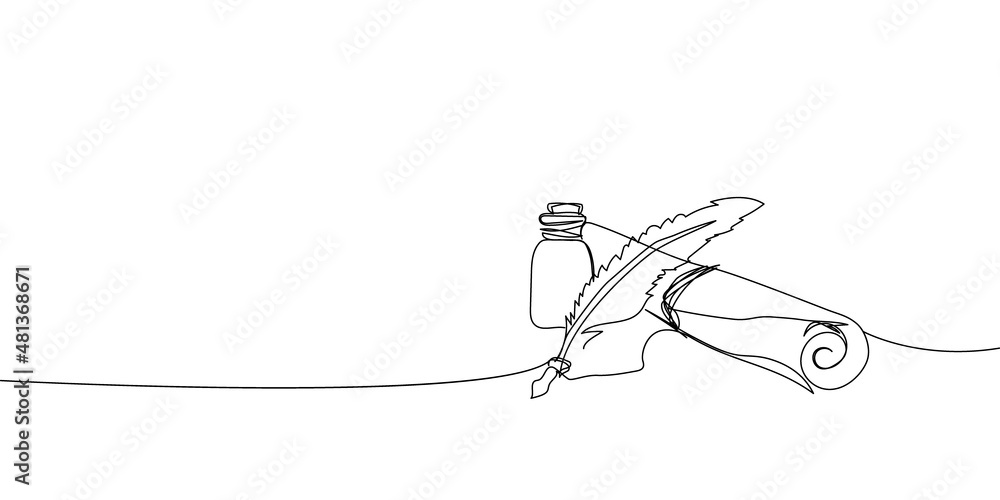 Scroll with inkwell and feather continuous line drawing. One line art of love letter, papyrus, antique, romance, classic, retro, correspondence, news.