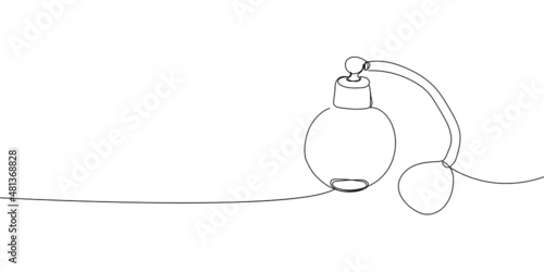 Vintage perfume spray bottle continuous line drawing. One line art of perfume, eau de toilette, tester, spray, aroma, pheromones, love potion, feelings, smell, gift.