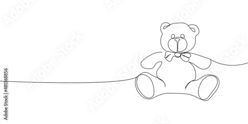 Teddy bear with a bow continuous line drawing. One line art of decoration,gift, bear, toy, stuffed toy, Valentine s day, March 8, birthday, romance, gift, relationship, love.