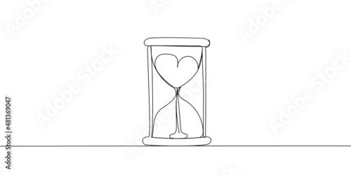 Hourglass with heart continuous line drawing. One line art of time of love, long term relationship, life, sand, symbolism, gift.