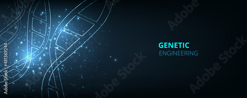  Modern genetics background.Depicting innovation in shape of a DNA double helix on dark blue background. Science and Technology concept. Vector illustration.