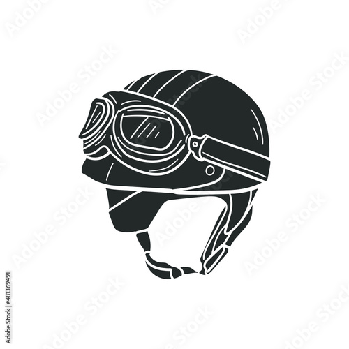 Helmet Biker Retro Icon Silhouette Illustration. Vintage Motorbike Goggles Vector Graphic Pictogram Symbol Clip Art. Doodle Sketch Black Sign.