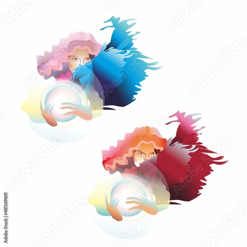 A woman oracle, fortune teller, priestess revealing the future through a crystal ball. Magic and sorcery. A secret ceremony, a ritual.  Mysticism and the supernatural