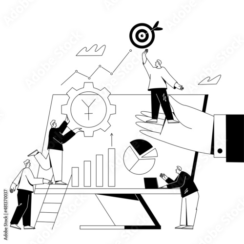 A team of people is working on a project. Office managers, colleagues are moving towards the goal.