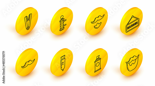 Set line Mustache and beard, Shaving gel foam, Electrical hair clipper or shaver, Barbershop, Classic pole and Curling iron for icon. Vector