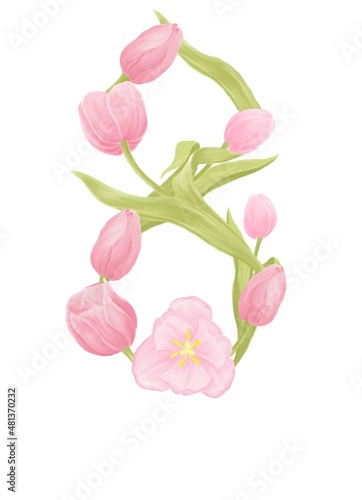 Postcard template for March 8, International Women's Day, eight of pink tulips