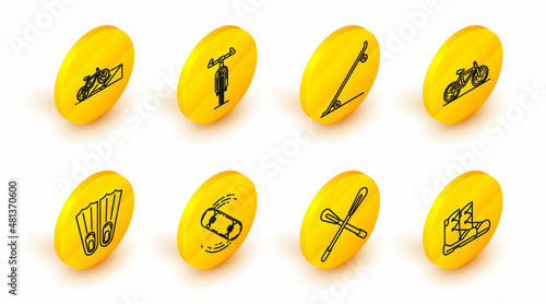 Set line Boots, Crossed paddle, Skateboard trick, Rubber flippers for swimming, Bicycle, and on street ramp icon. Vector
