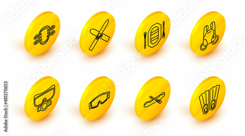 Set line Rubber flippers for swimming, Rafting boat, Ski goggles, Diving mask, Parachute, and sticks and Knee pads icon. Vector