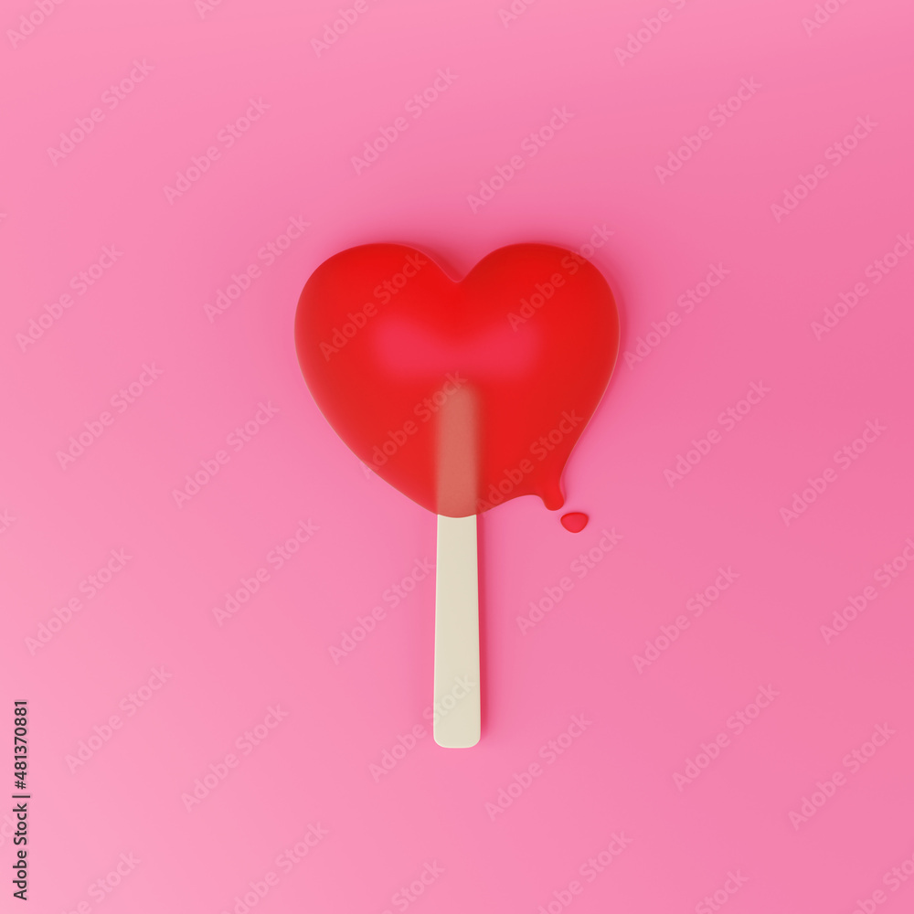 3d render of red heart ice cream on pink background.