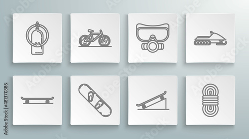 Set line Skateboard, Bicycle, Snowboard, on street ramp, Climber rope, Diving mask, Snowmobile and Aqualung icon. Vector
