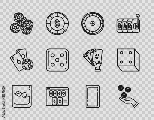 Set line Glass of whiskey and ice cubes, Hand holding casino chips, Casino roulette wheel, Online poker table game, Game dice, Playing card back and icon. Vector