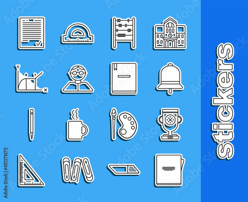Set line Notebook, Award cup, Ringing bell, Abacus, Student, Pie chart infographic, Exam sheet with check mark and icon. Vector
