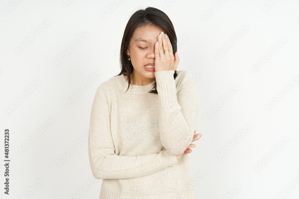 Headache Gesture Of Beautiful Asian Woman Isolated On White Background Headache Gesture Of Beautiful Asian Woman Isolated On White Background