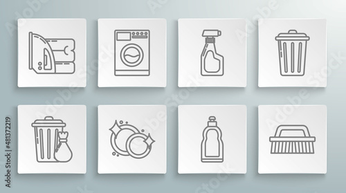 Set line Trash can and garbage bag, Washer, Washing dishes, Plastic bottles for liquid dishwashing liquid, Brush cleaning, Cleaning spray with detergent, and Electric iron towel icon. Vector