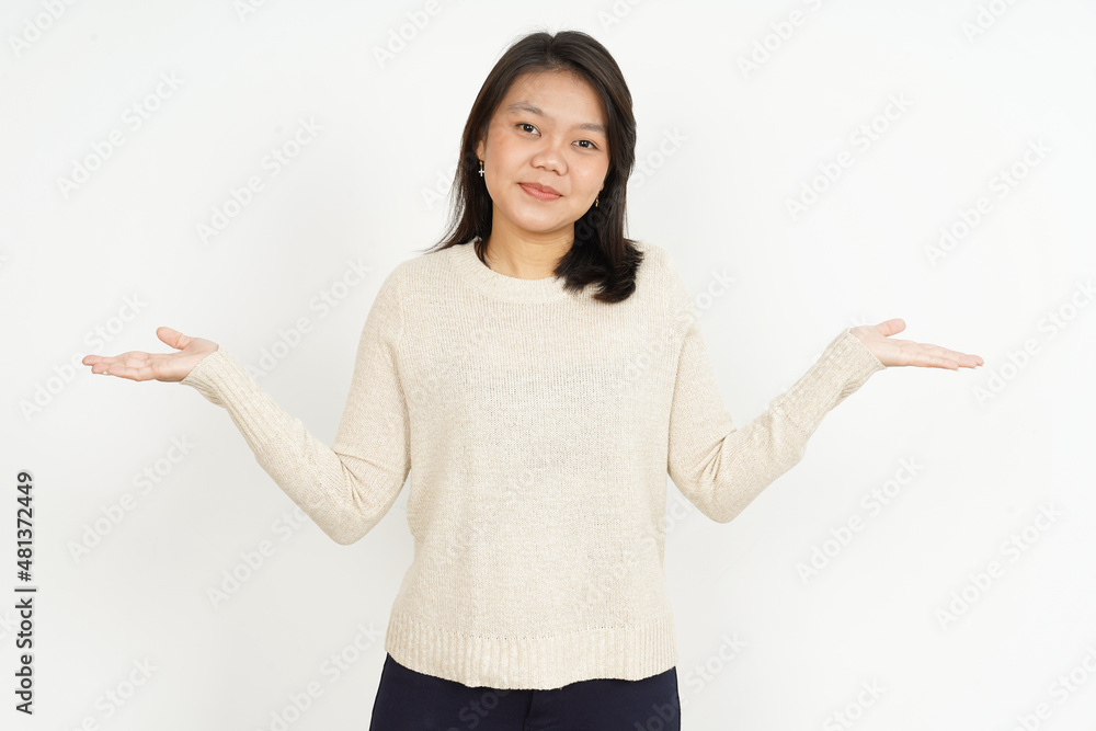 Showing Two Product on Open Palm Of Beautiful Asian Woman Isolated On White Background Showing Two Product on Open Palm Of Beautiful Asian Woman Isolated On White Background