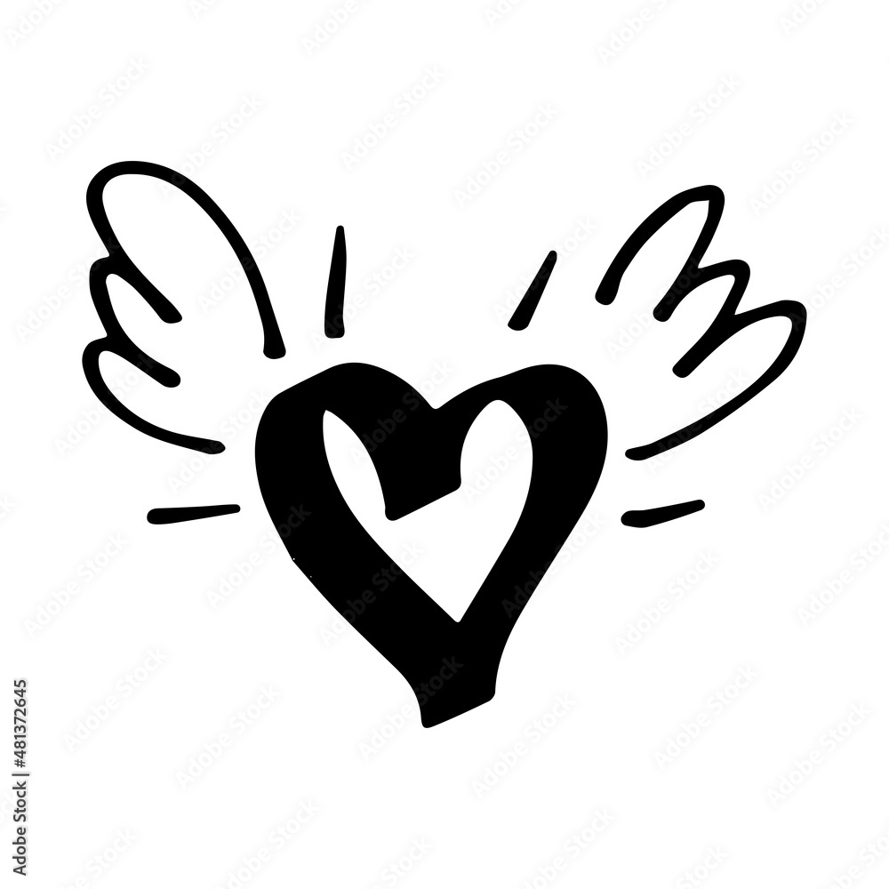 Hand drawn heart with little wing. Symbol of love. Doodle style Valentine's day illustration. Vector. Hand drawn heart with little wing. Symbol of love. Doodle style Valentine's day illustration. Vector.