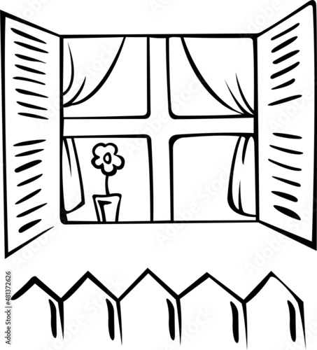 A window with shutters and curtains overlooks the fence
