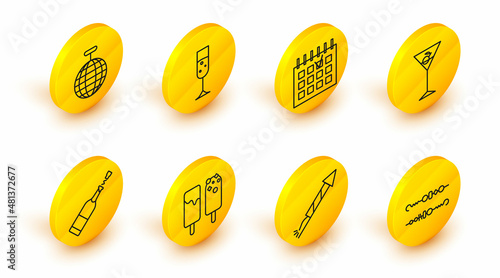 Set line Grilled shish kebab, Firework rocket, Ice cream, Champagne bottle, Martini glass, Detailed calendar, Glass of champagne and Disco ball icon. Vector