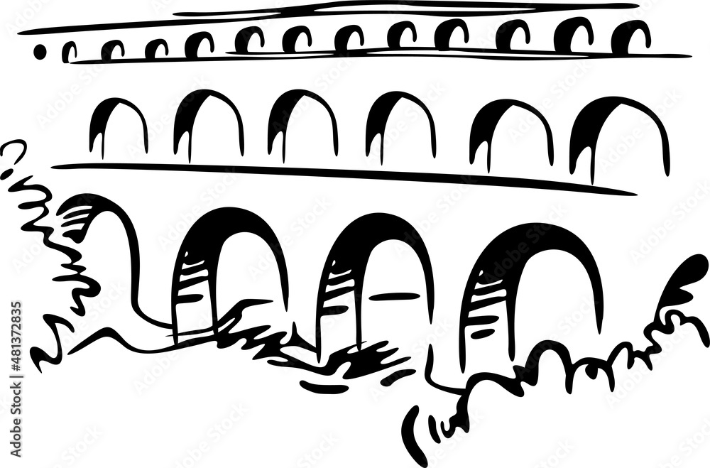 The aqueduct has three levels and many tunnels and is surrounded by bushes - obrazy, fototapety, plakaty 