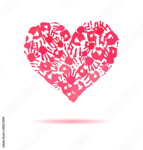 Pink heart made of the handprints.