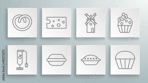 Set line Blender, Cheese, Macaron cookie, Homemade pie, Muffin, Windmill, Cupcake and Pretzel icon. Vector