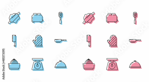 Set line Citrus fruit juicer, Scales, Rolling pin, Covered with tray of food, Oven glove, Frying pan, Meat chopper and Toaster toasts icon. Vector