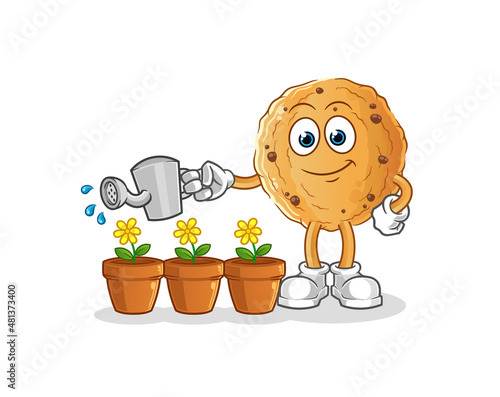 cookie watering the flowers mascot. cartoon vector