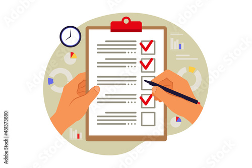 Customers filling up survey form. Vector illustration. Flat