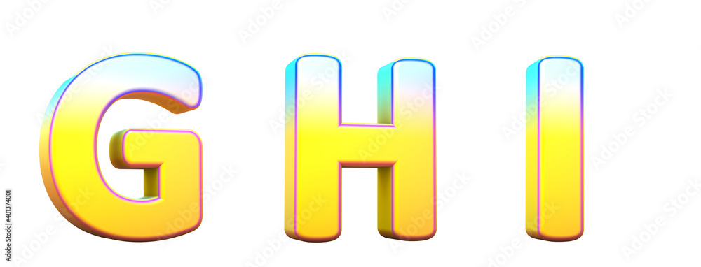 Naklejka premium Alphabet in gradient colors. Letters G, H, I. 3d render