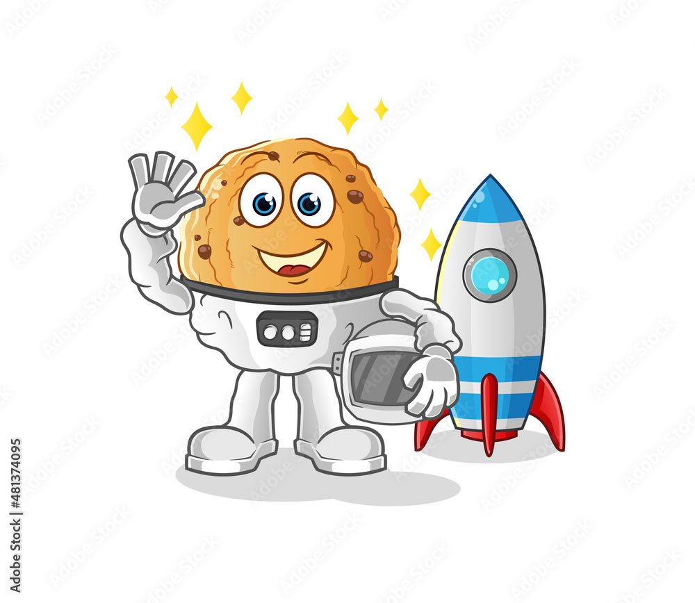 Obraz premium cookie astronaut waving character. cartoon mascot vector