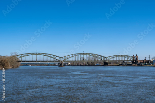 View over the Main to the railway bridge near Hochheim/Germany  © fotografci