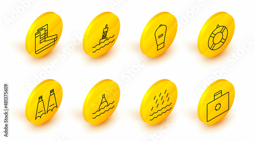 Set line First aid kit, Rain and waves, Floating buoy on the sea, Rubber flippers for swimming, Lifebuoy, Lift bag, and Boots icon. Vector