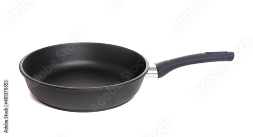 large kitchen homemade black frying pan with non-stick coating and black handle on an isolated background