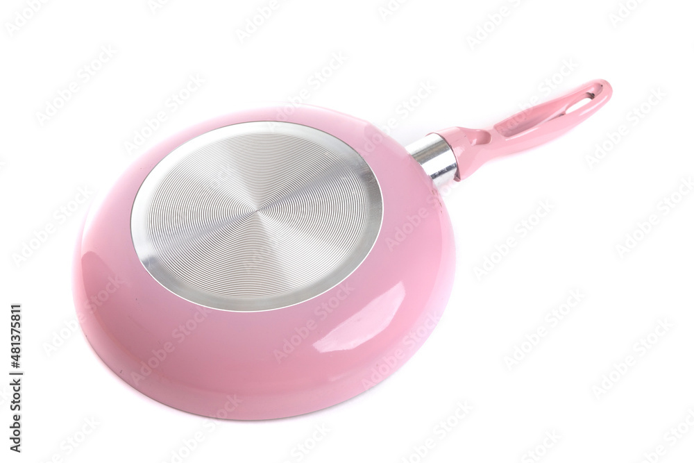 the lower part of a large frying pan of pink color then on an isolated background the lower part of a large frying pan of pink color then on an isolated background