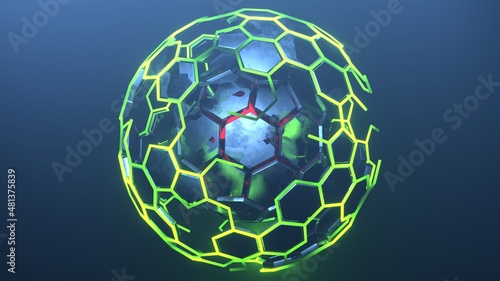 8K, 3d render of abstract art of a surreal 3d mechanical ball in a round shape made of light green brushed metal on a light background. 3d rendering