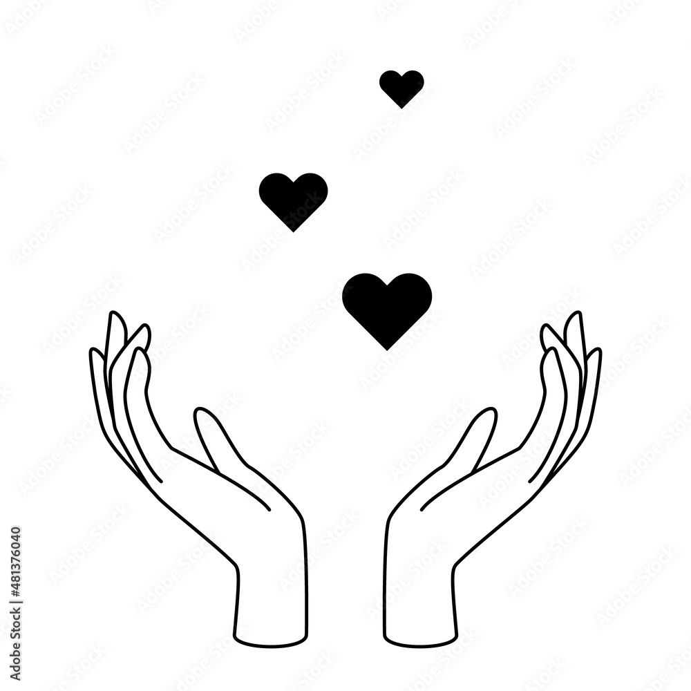 Feminine hands with hearts as symbol of love, beauty, care, magic, meditation, charity, faith, hope. Feminine hands with hearts as symbol of love, beauty, care, magic, meditation, charity, faith, hope.