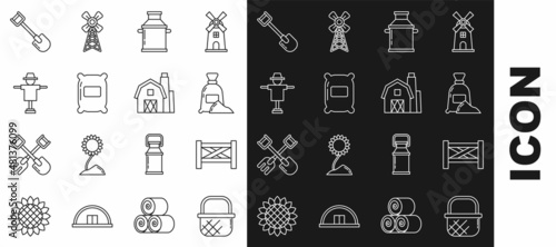 Set line Shopping basket, Garden fence wooden, Bag of flour, Can container for milk, Scarecrow, Shovel and Farm House concept icon. Vector