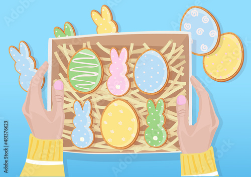 Easter baking background. Concept of cooking traditional festive food Easter gingerbread and bread. Vector illustration. 