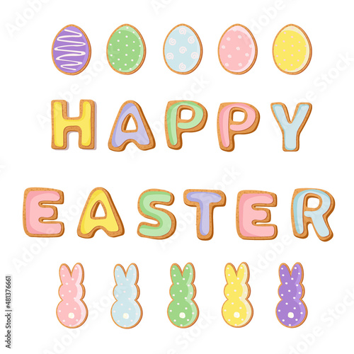 Easter baking background. Concept of cooking traditional festive food Easter gingerbread and bread. Vector illustration. 