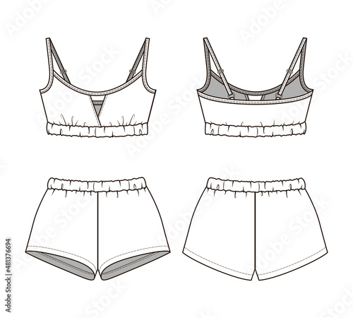 Fashion technical drawing of bustier and briefs shorts