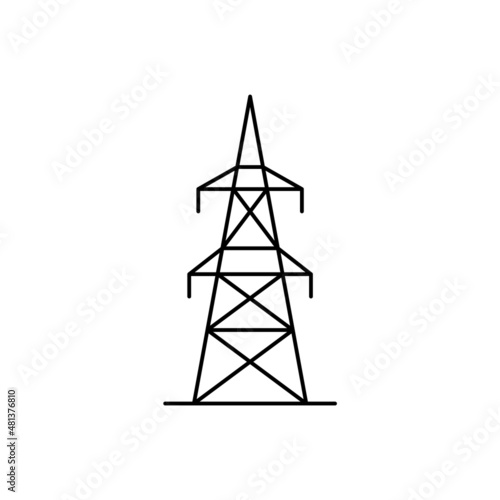Electricity transmission line. Overhead powerline icon. High voltage electric pole. Electric tower with wires. Electricity post. Utility pole column. Vector illustration, thin line, flat, clip art. 