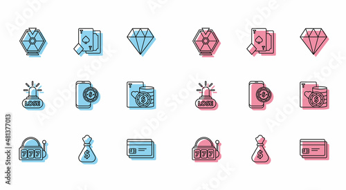 Set line Slot machine with lucky sevens jackpot, Money bag, Lucky wheel, Credit card, Online poker table game, Casino chip and playing cards, losing and Playing spades icon. Vector